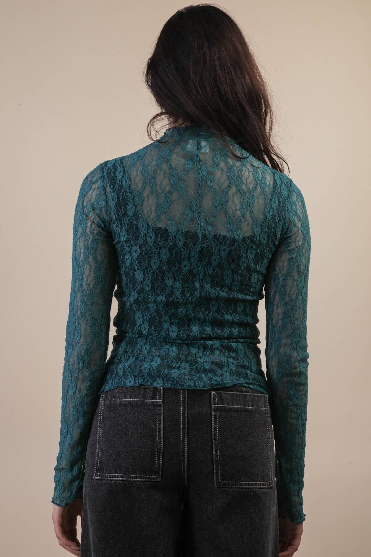High Neck Fitted Sheer Mesh Lace Knit Top in Blue