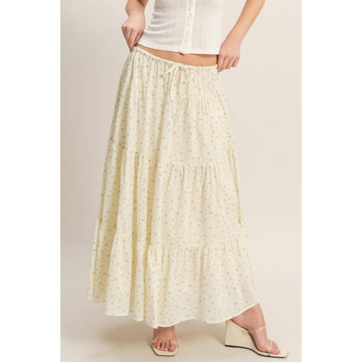 Cream & Blue Floral Tiered Skirt