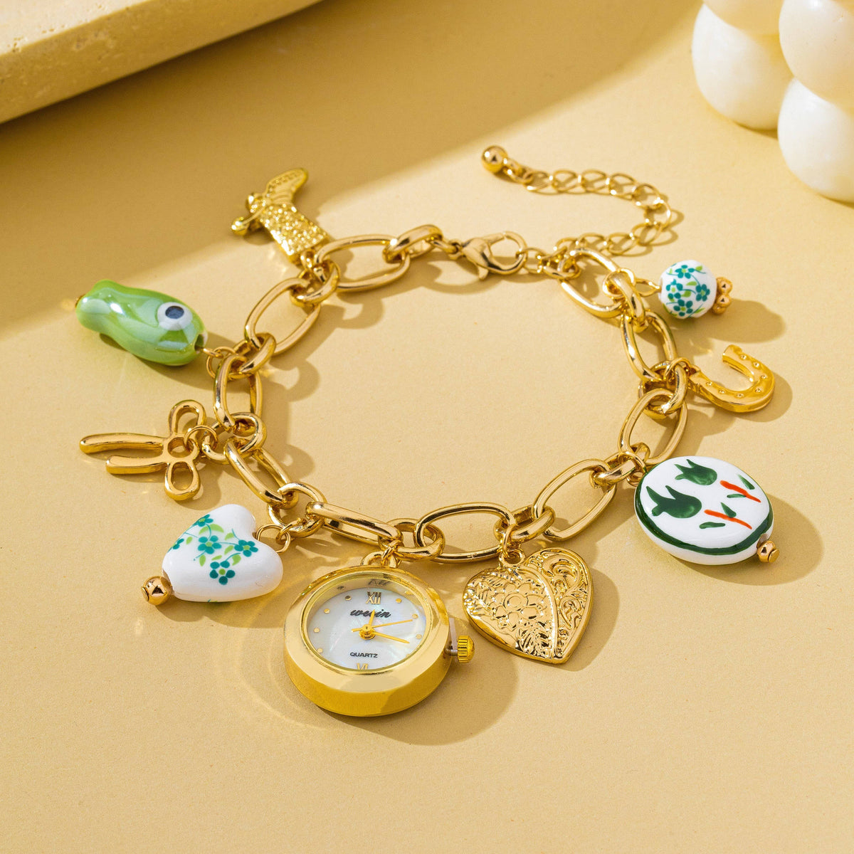 Vintage Green Floral Charm Watch Bracelet
