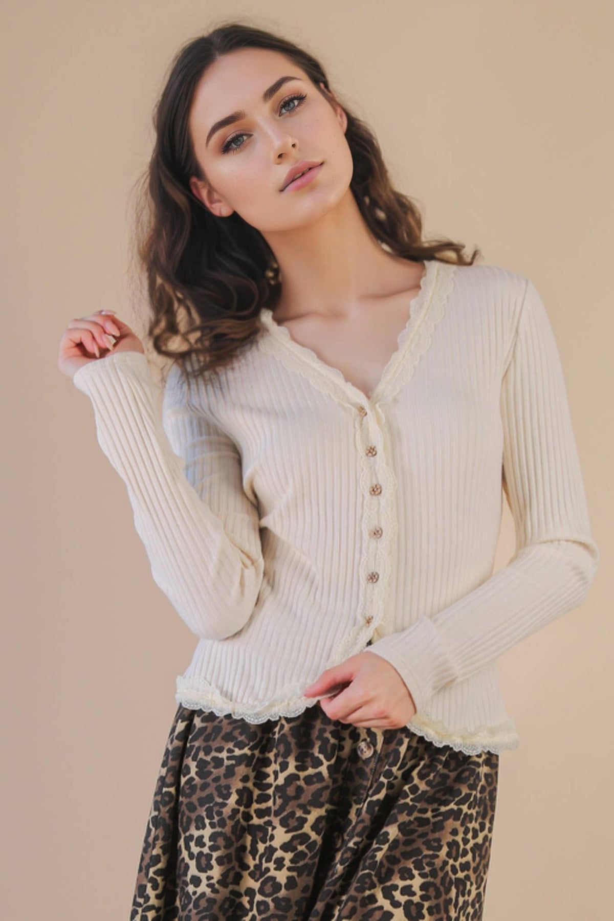 Button Down Lace Trim Fitted Knit Top Ivory