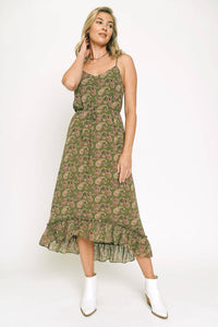 Paisley Print Midi Dress in Olive
