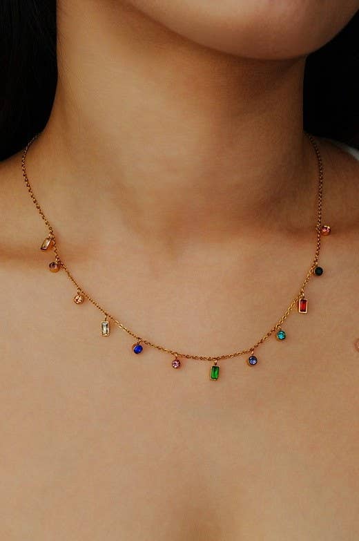 Rainbow Stone Dangle Charm Necklace