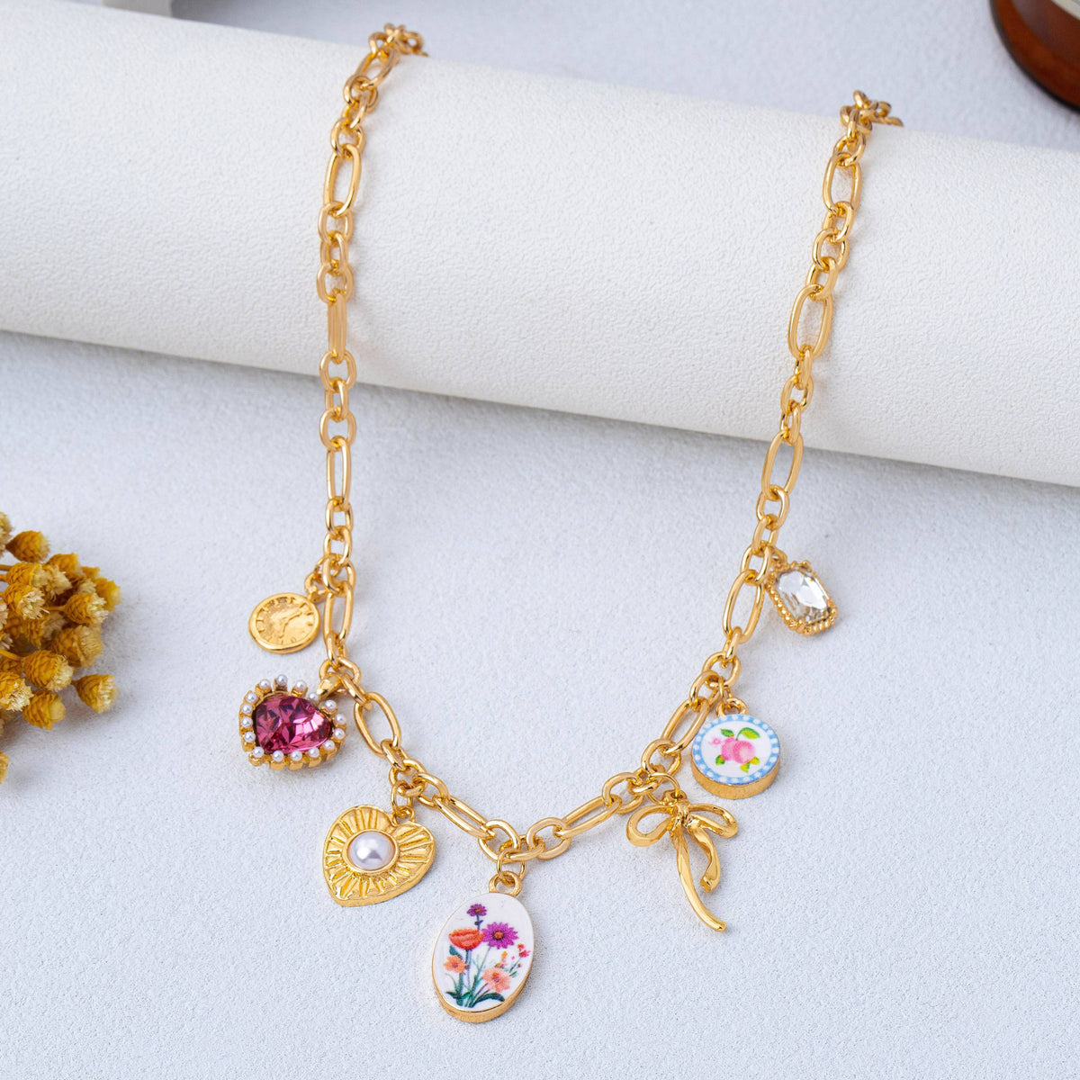 Floral & Pink Rhinestone Multi-Charm Link Necklace