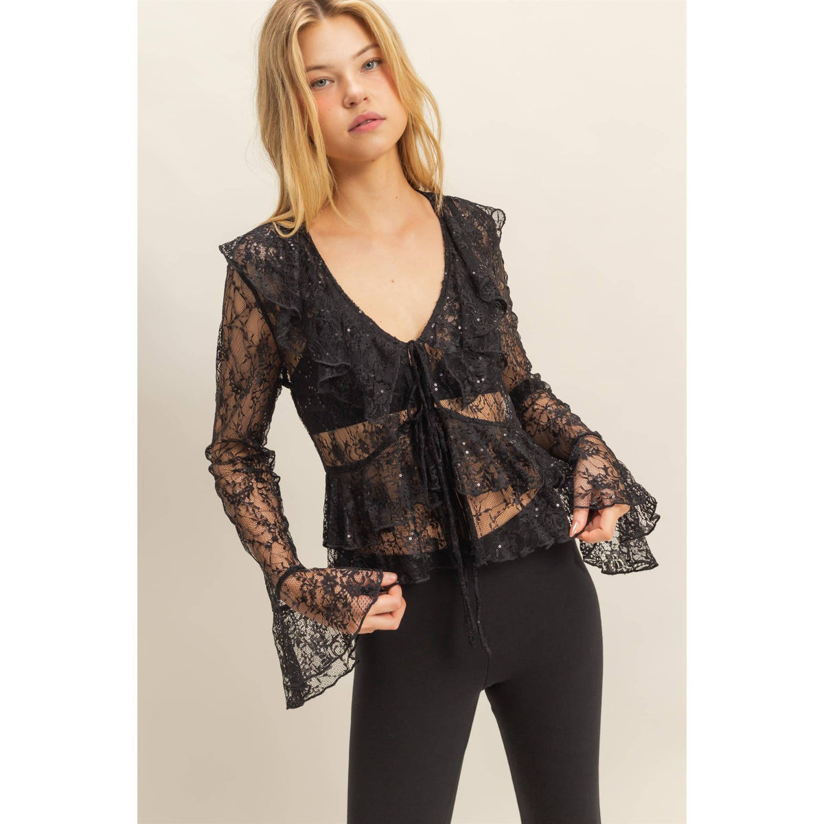 Sheer Ruffle Lace Blouse + Black