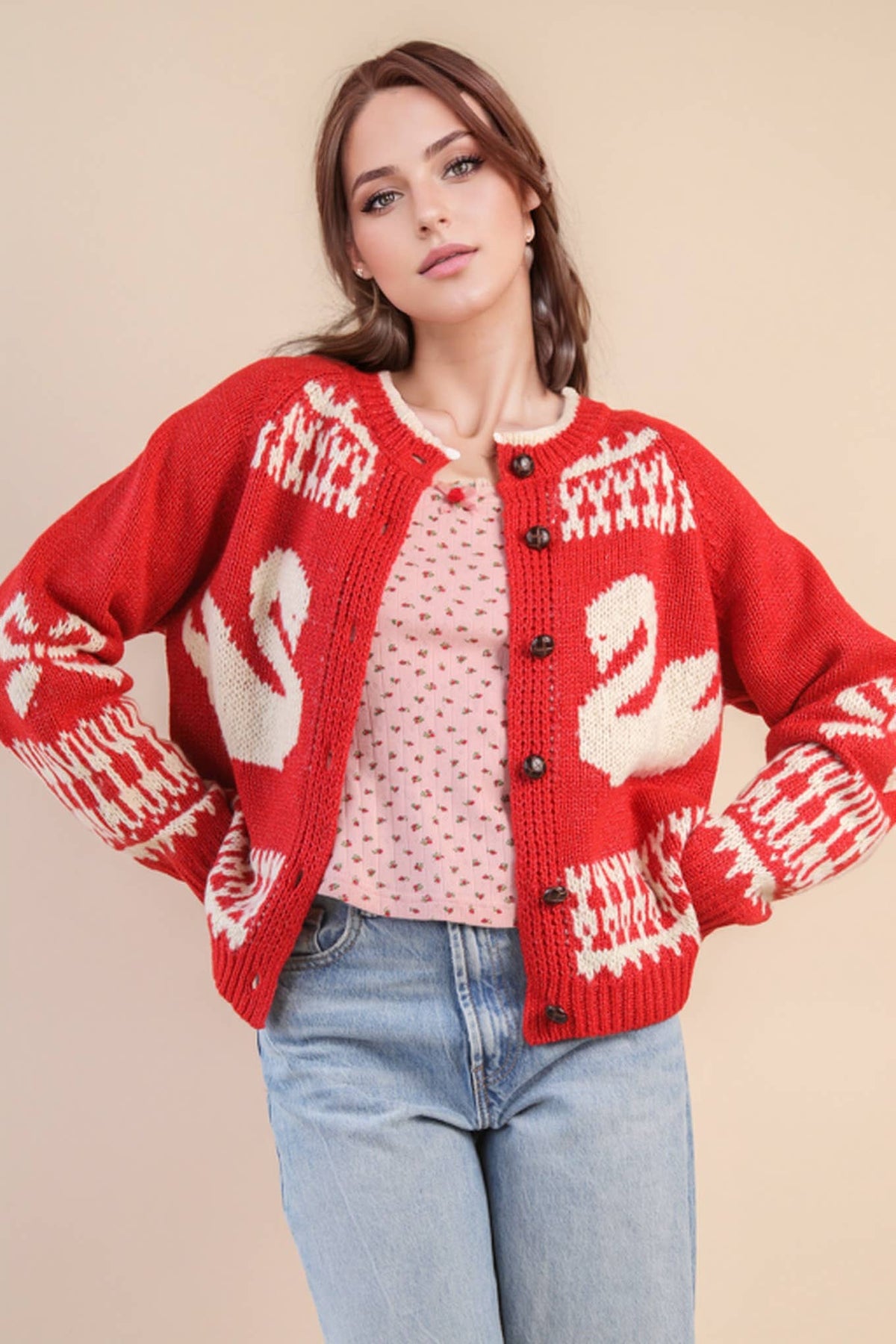 Swan Knit Cardigan + Red