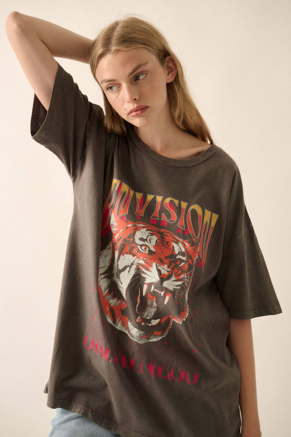 Envision Greatness Tiger Vintage-Wash Oversized Graphic Tee