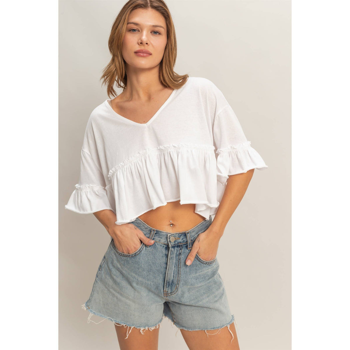 V-Neck Ruffle Hem Top in White