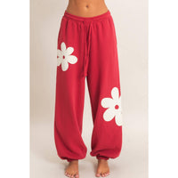 Red Floral Applique Drawstring Jogger Pants