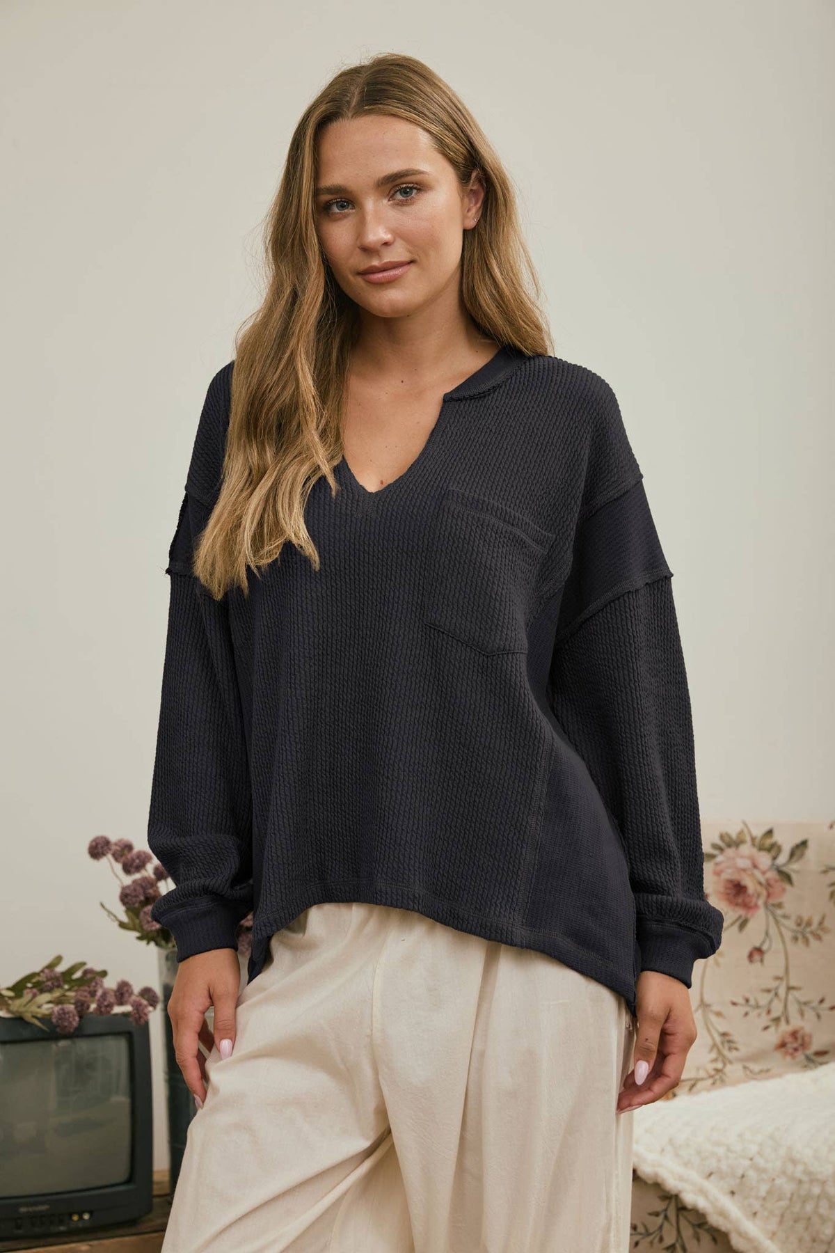 Juliette Charcoal V neck Long Sleeve
