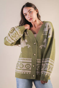 Oversized Western Knit Sweater Cardigan Olive