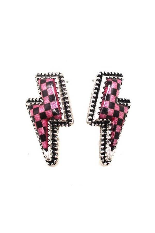 CHECKER THUNDER BOLT STUD EARRINGS: White